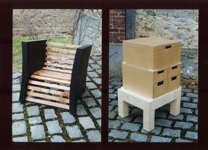 Fauteuil réversible, plaqué caoutchouc & petit meuble en Bouleau + MDF